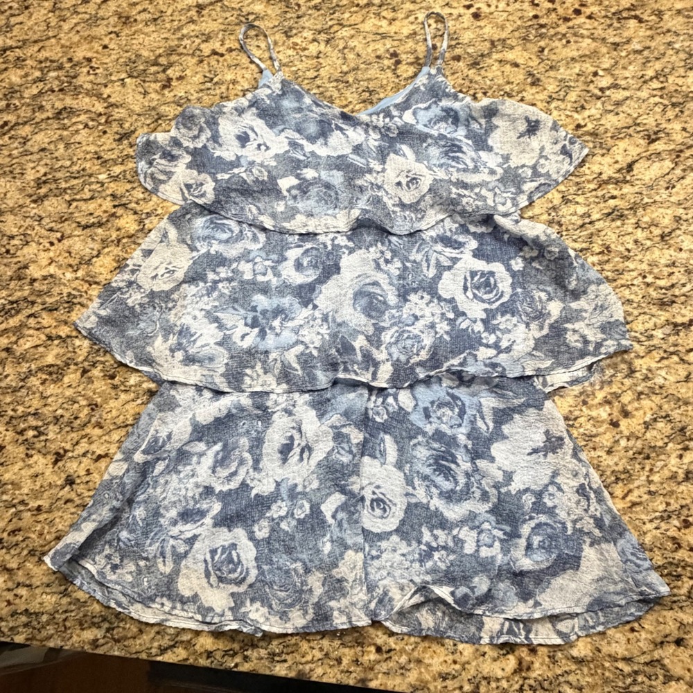 NEW Gilli Blue Floral Tiered Ruffle Mini Dress Small Spaghetti Strap Summer ws